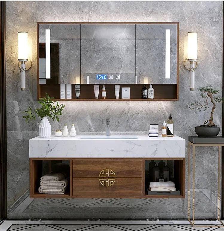 Modern Walnut Bathroom Vanity & Mirror Cabinet Set - Northern Interiors