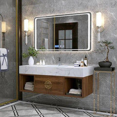 Modern Walnut Bathroom Vanity & Mirror Cabinet Set - Northern Interiors