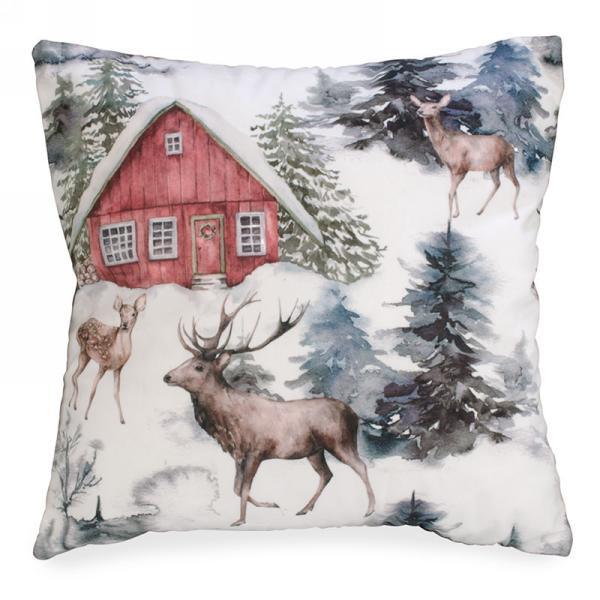 Red Cabin & Deer Suedette Pillow Deer - Northern Interiors